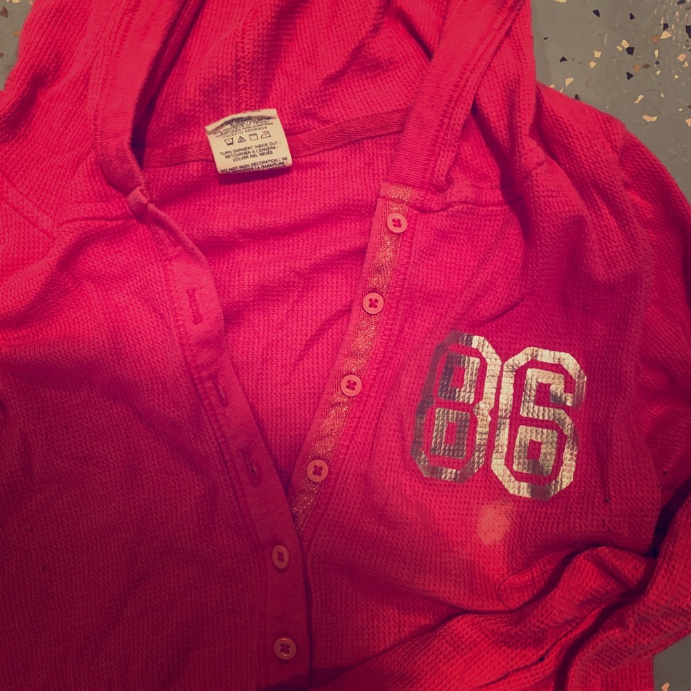 V-neck button up hot pink hooded top